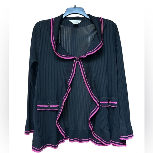 Exclusively Missook Fine Sheer Knit Ribbed OpenCardigan Magenta Ruffle Trim Flaw - Picture 1 of 11